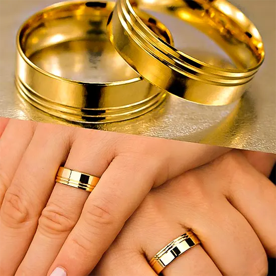 PAR DE ALIANÇAS DE OURO 18K RETA COM 2 FRISOS LATERAIS 7MM 10G
